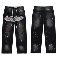 Vale Forever Black Washed Rhinestone Logo Splatter Wide Leg Jeans
