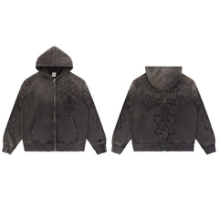 Vale Forever Washed Black Embroidered Cross Full Zip Hoodie