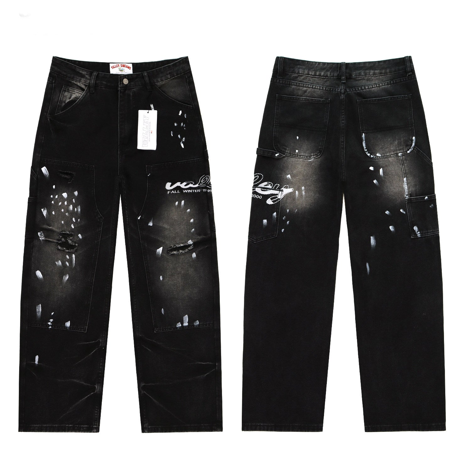 Vale Forever Black Splatter Distressed Cargo Wide Leg Jeans