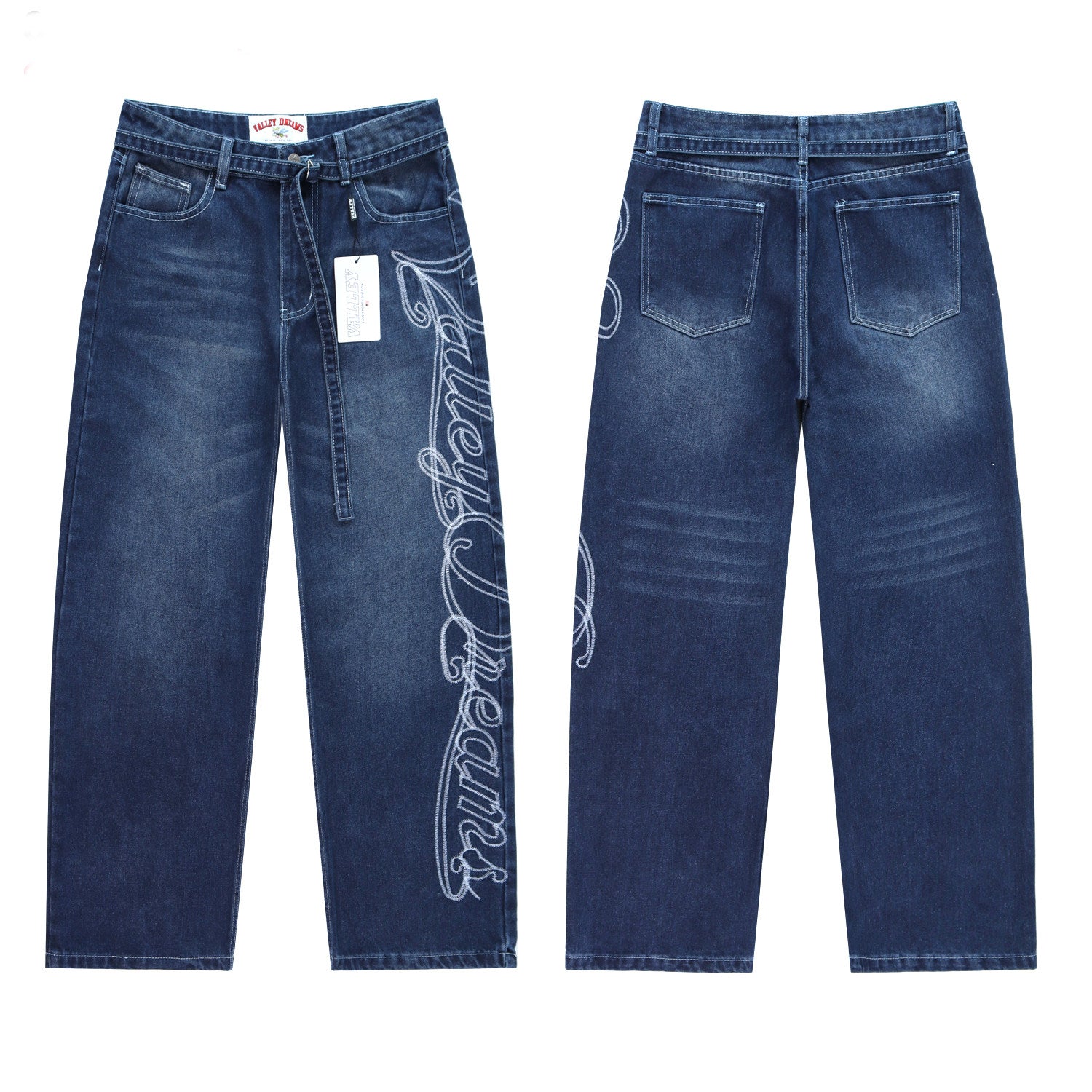 Vale Forever Blue Washed Script Embroidery Wide Leg Jeans