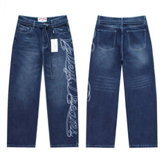 Vale Forever Blue Washed Script Embroidery Wide Leg Jeans