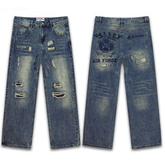Vale Forever Dark Blue Distressed Air Force Graphic Wide Leg Jeans